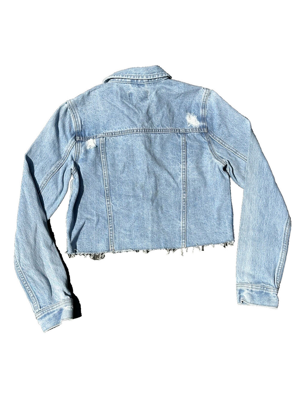 Drdenim Jean Jacket Womens XS Light Wash Blue Denim Raw Hem Cropped Long Sleeve - Picture 3 of 7